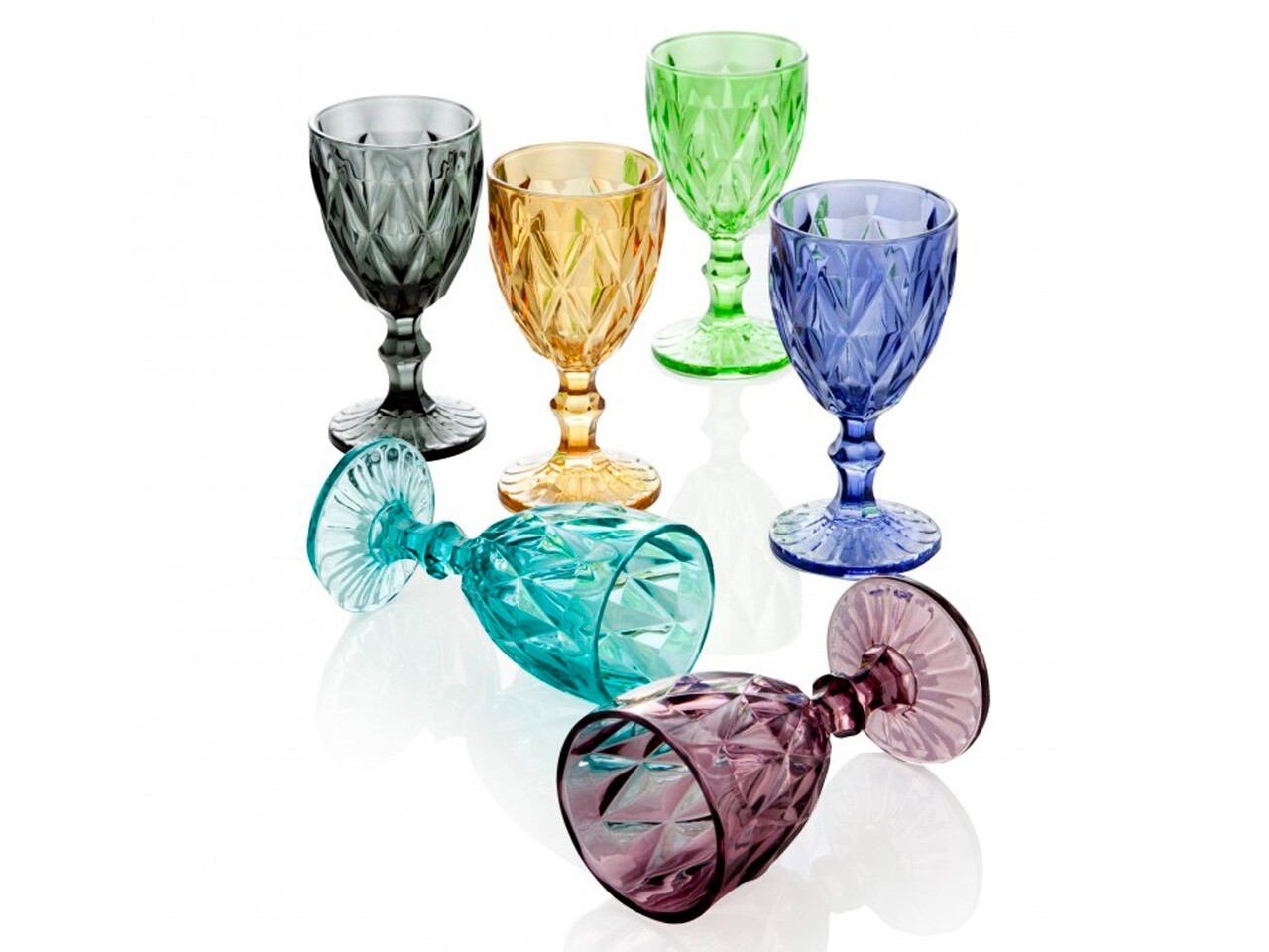 Set 6 pahare cu picior, Diamante, Brandani, 250 ml, sticla, multicolor - imagine 5